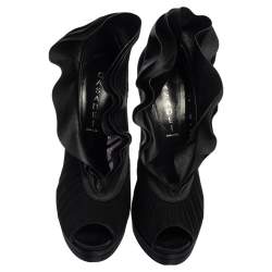 Casadei Black Satin, Leather And Tulle Ruffle Collar Platform Peep Toe Pumps Size 40