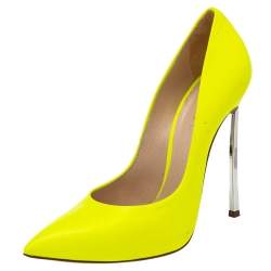 Pre Owned Casadei Neon Yellow Leather Blade Heel Pumps Size 36.5