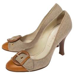 Pre Owned Casadei Beige Leather And Canvas Buckle Detail Metal Cap Toe Pumps Size 38