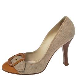 Pre Owned Casadei Beige Leather And Canvas Buckle Detail Metal Cap Toe Pumps Size 38