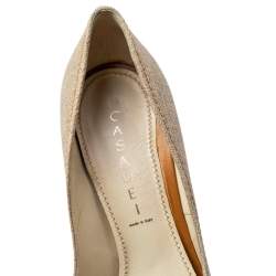 Pre Owned Casadei Beige Leather And Canvas Buckle Detail Metal Cap Toe Pumps Size 38