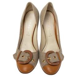 Pre Owned Casadei Beige Leather And Canvas Buckle Detail Metal Cap Toe Pumps Size 38