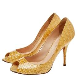 Pre Owned Casadei Beige Croc Embossed Patent Leather Peep Toe Pumps Size 37.5