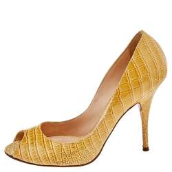 Pre Owned Casadei Beige Croc Embossed Patent Leather Peep Toe Pumps Size 37.5