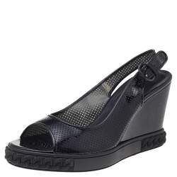 Pre Owned صندل كاسادي جلد لامع أسود كعب روكي سير كاحل مقاس 38