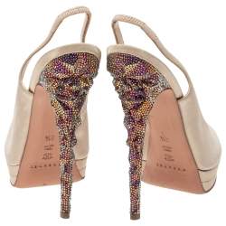 Pre Owned Casadei Beige Satin Crystal Embellished Heel Peep Toe Slingback Sandals Size 38.5