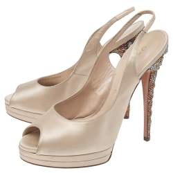 Pre Owned Casadei Beige Satin Crystal Embellished Heel Peep Toe Slingback Sandals Size 38.5