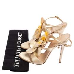 Pre Owned Casadei Light Gold Satin And Leather Floral Applique Ankle Strap Sandals 37