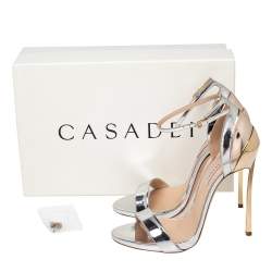 Pre Owned Casadei Silver/Gold Foil Leather Techno Blade Ankle Strap Sandals Size 37
