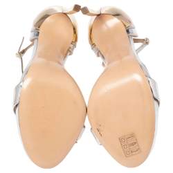 Pre Owned Casadei Silver/Gold Foil Leather Techno Blade Ankle Strap Sandals Size 37