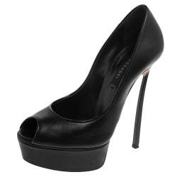 Pre Owned Casadei Black Leather Peep Toe Platform Pumps Size 36