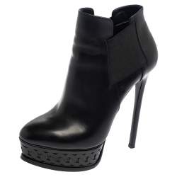 Pre Owned Casadei Black Leather Chain Effect Platform Ankle Boots Size 37