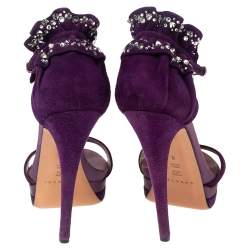 Pre Owned Casadei Purple Suede Crystal Embellished Ankle Wrap Platform Sandals Size 36