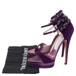 Pre Owned Casadei Purple Suede Crystal Embellished Ankle Wrap Platform Sandals Size 36