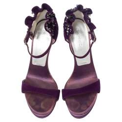 Pre Owned Casadei Purple Suede Crystal Embellished Ankle Wrap Platform Sandals Size 36