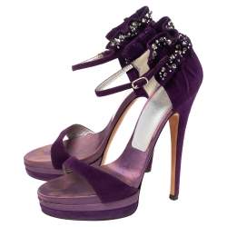 Pre Owned Casadei Purple Suede Crystal Embellished Ankle Wrap Platform Sandals Size 36