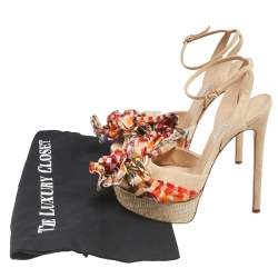 Pre Owned Casadei Beige Suede Chain and Satin Bow Detail Platform Sandals Size 37