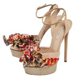 Pre Owned Casadei Beige Suede Chain and Satin Bow Detail Platform Sandals Size 37