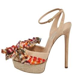 Pre Owned Casadei Beige Suede Chain and Satin Bow Detail Platform Sandals Size 37