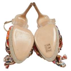 Pre Owned Casadei Beige Suede Chain and Satin Bow Detail Platform Sandals Size 37