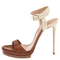 مملوكة مسبقًا Casadei Brown/Cream Patent And  Leather Ankle Strap Platform Sandals Size 37