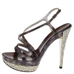 Casadei Brown PVC Strappy Crystal Embellished Platform Sandals Size 37