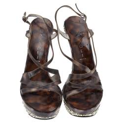 Casadei Brown PVC Strappy Crystal Embellished Platform Sandals Size 37