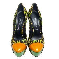 Casadei Multicolor Satin And Patent Leather Cap Toe Platform Pumps Size 37.5
