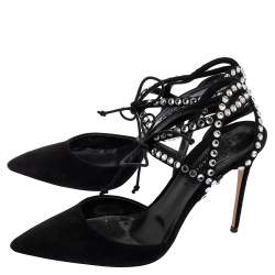 Pre Owned Casadei Black Suede Crystals Ankle Wrap Pumps Size 39