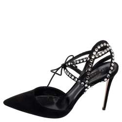 Pre Owned Casadei Black Suede Crystals Ankle Wrap Pumps Size 39