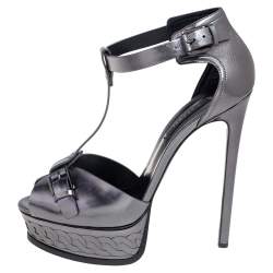 Casadei Metallic Grey Leather T-Strap Platform Sandals Size 40
