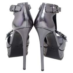 Casadei Metallic Grey Leather T-Strap Platform Sandals Size 40