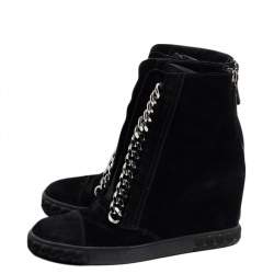 Pre Owned Casadei Black Suede Chain Detail Wedge High Top Sneakers Size 39