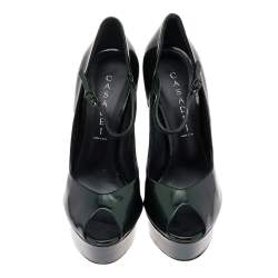 Pre Owned Casadei Two Tone Patent Leather Blade Peep Toe Platform Mary Jane Pumps Size 37.5