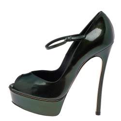 Pre Owned Casadei Two Tone Patent Leather Blade Peep Toe Platform Mary Jane Pumps Size 37.5