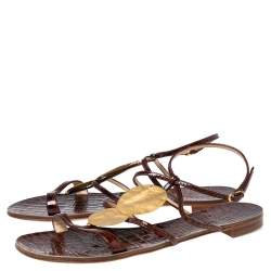 Pre Owned Casadei Brown Croc Embossed Leather Strappy Flat Sandals Size 38.5