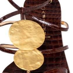 Pre Owned Casadei Brown Croc Embossed Leather Strappy Flat Sandals Size 38.5