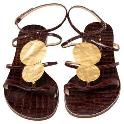 Pre Owned Casadei Brown Croc Embossed Leather Strappy Flat Sandals Size 38.5