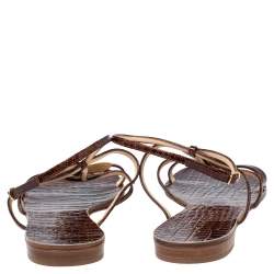 Pre Owned Casadei Brown Croc Embossed Leather Strappy Flat Sandals Size 38.5
