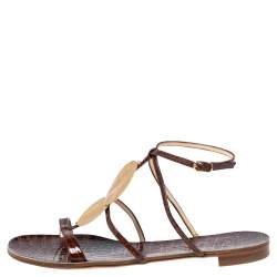 Pre Owned Casadei Brown Croc Embossed Leather Strappy Flat Sandals Size 38.5