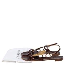 Pre Owned Casadei Brown Croc Embossed Leather Strappy Flat Sandals Size 38.5