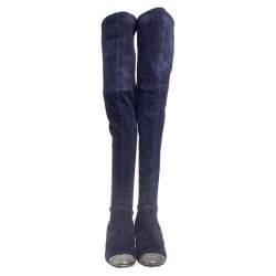 Pre Owned Casadei Navy Blue Suede Embellished Metal Toe Cap Knee-Length Boots Size 38