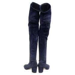Pre Owned Casadei Navy Blue Suede Embellished Metal Toe Cap Knee-Length Boots Size 38
