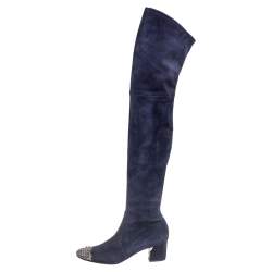 Pre Owned Casadei Navy Blue Suede Embellished Metal Toe Cap Knee-Length Boots Size 38