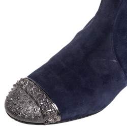 Pre Owned Casadei Navy Blue Suede Embellished Metal Toe Cap Knee-Length Boots Size 38