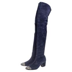 Pre Owned Casadei Navy Blue Suede Embellished Metal Toe Cap Knee-Length Boots Size 38