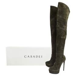 Pre Owned Casadei Dark Green Suede Over The Knee  Boots Size 38.5