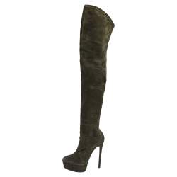 Pre Owned Casadei Dark Green Suede Over The Knee  Boots Size 38.5