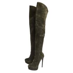 Pre Owned Casadei Dark Green Suede Over The Knee  Boots Size 38.5