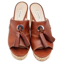 Pre Owned Casadei Brown Leather Tassel Platform Slide Sandals Size 40.5